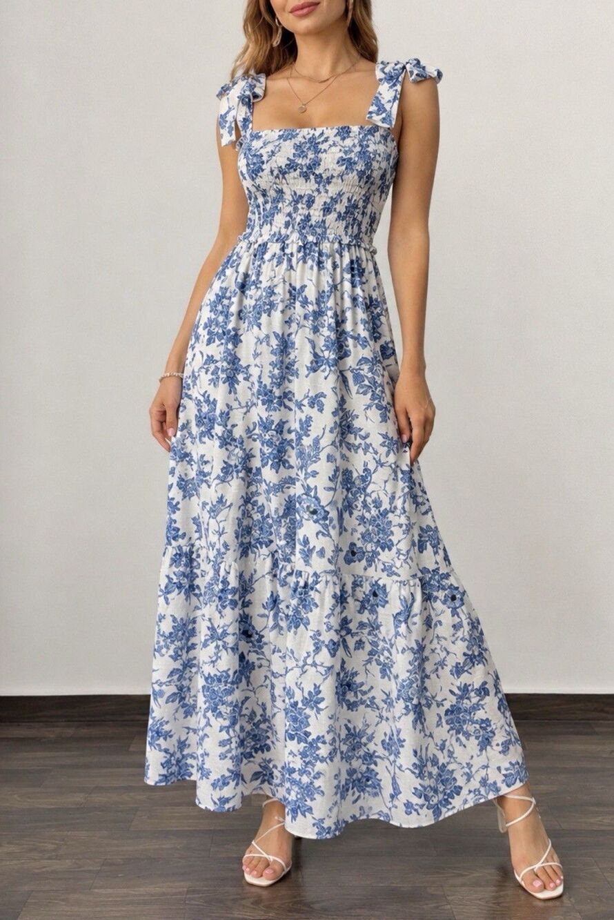 NWT  Max Studio Blue Floral Smocked Maxi Dress Size M Tiered Tie Shoulder $178